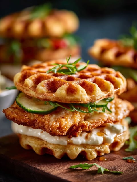 Un slider avec poulet et waffles garni vert.
