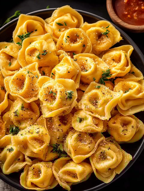 Un bol de tortellini au fromage croustillants.