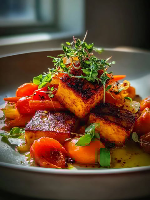 Une assiette avec une garniture d'herbes fraîches dessus.