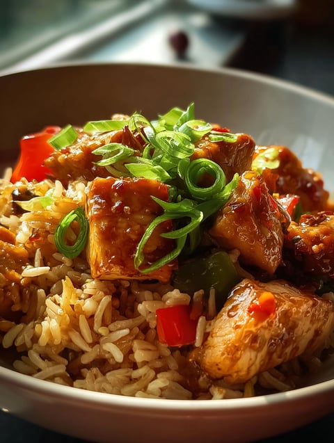 Un bol de riz sauté au poulet chinois.