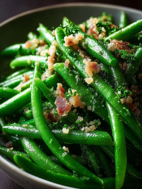 Haricots verts avec morceaux de bacon.