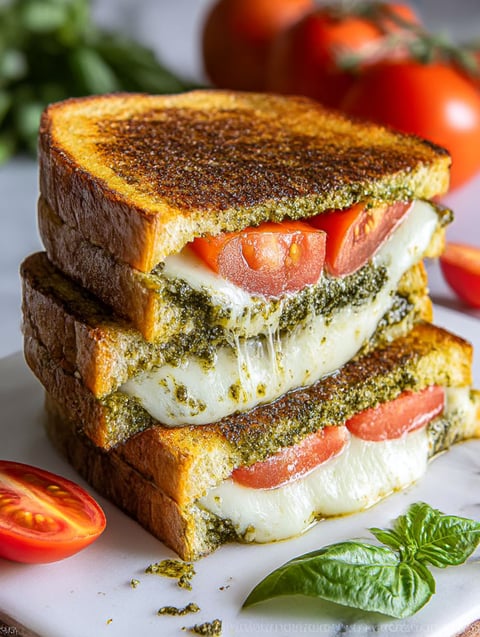 Une pile de sandwichs avec tomates et fromage.
