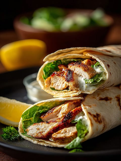 Un wrap au poulet et sauce Caesar présenté avec une bouchée manquante.