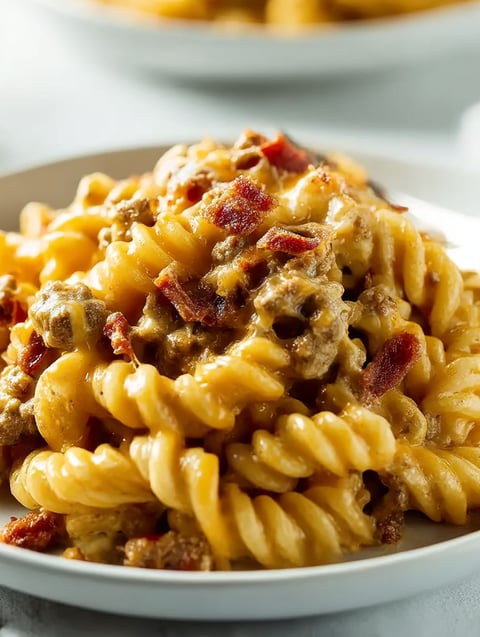 Un plat appétissant de pâtes et viande.