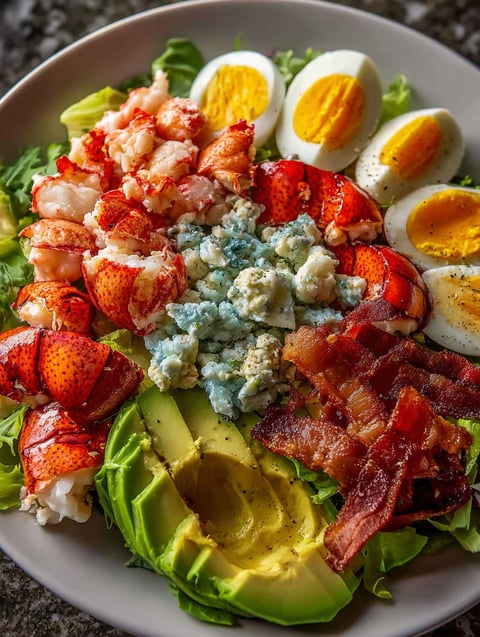 Un plat délicieux avec crevettes, œufs, bacon et avocat.