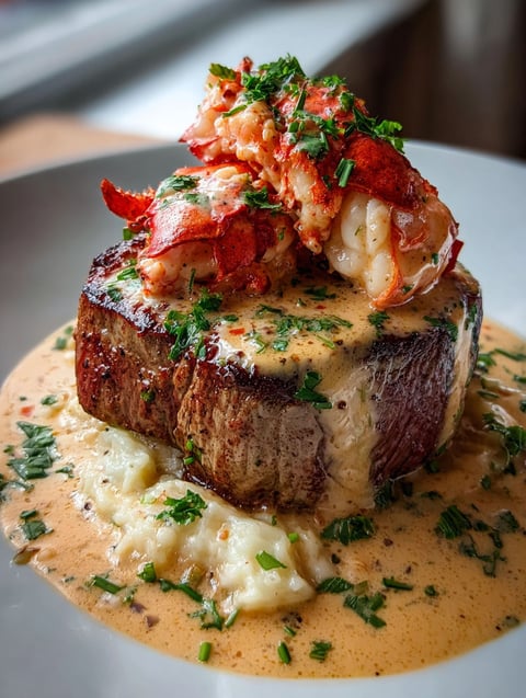 Un plat savoureux de steak et homard.