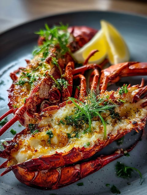 Un plat savoureux de homard avec citron et herbes.
