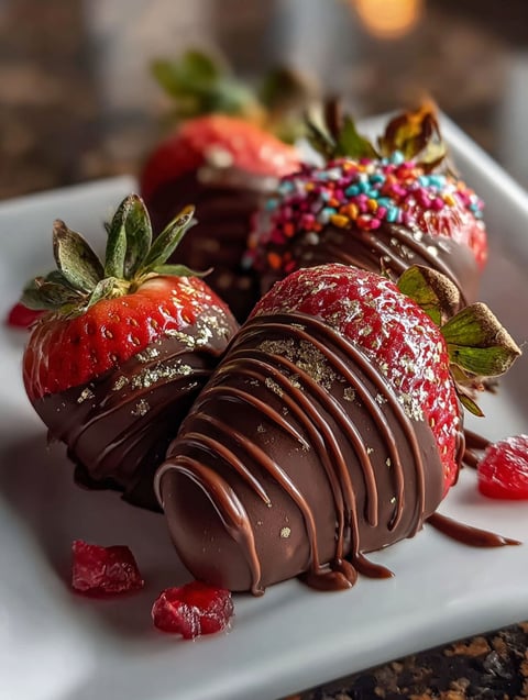 Une assiette de fraises délicieusement enrobées de chocolat.