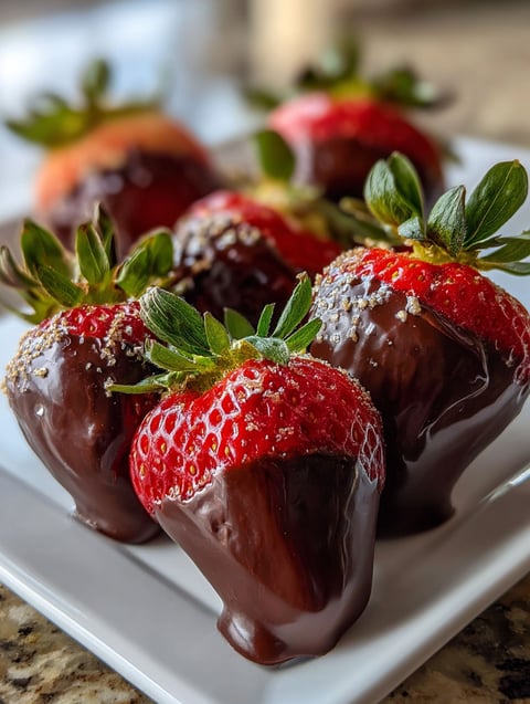 Une assiette de fraises enrobées de chocolat.