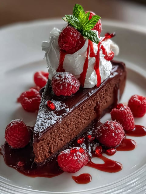 Un super gâteau chocolat avec des framboises dessus.