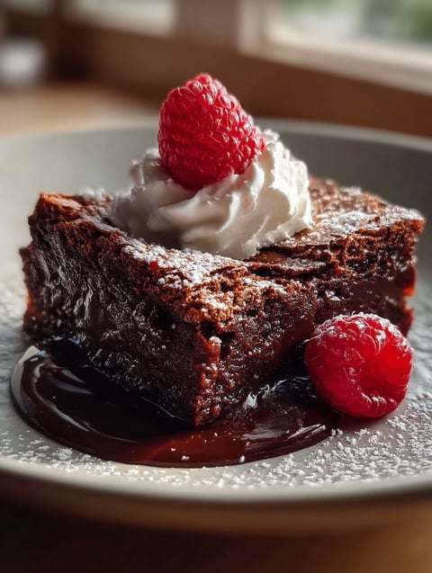 Un plat savoureux avec gâteau au chocolat et framboises.