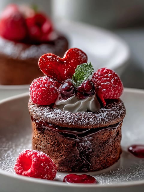 Un plat délicieux avec un dessert au chocolat et des framboises.