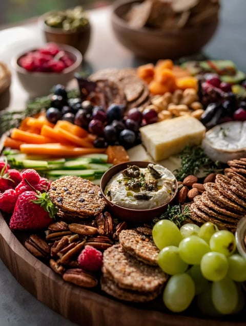 Un délicieux repas de fruits, fromage, crackers et noix.