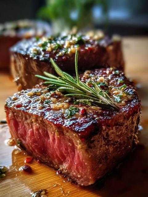 Un plat succulente de steak assaisonné avec herbes et épices.