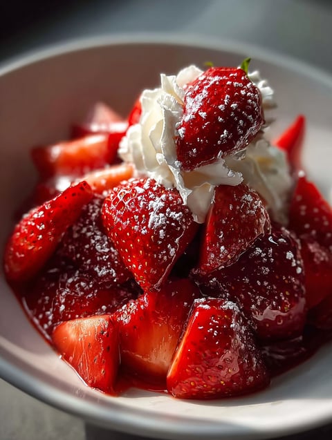 Un délicieux plat de fraises à la crème fouettée.