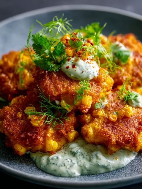Un plat savoureux de poulet avec sauce blanche et garniture de maïs.